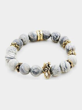 Mermaid Charm Bracelet - Gray Stone Beaded Stretch, Make a Wish Boho Beach